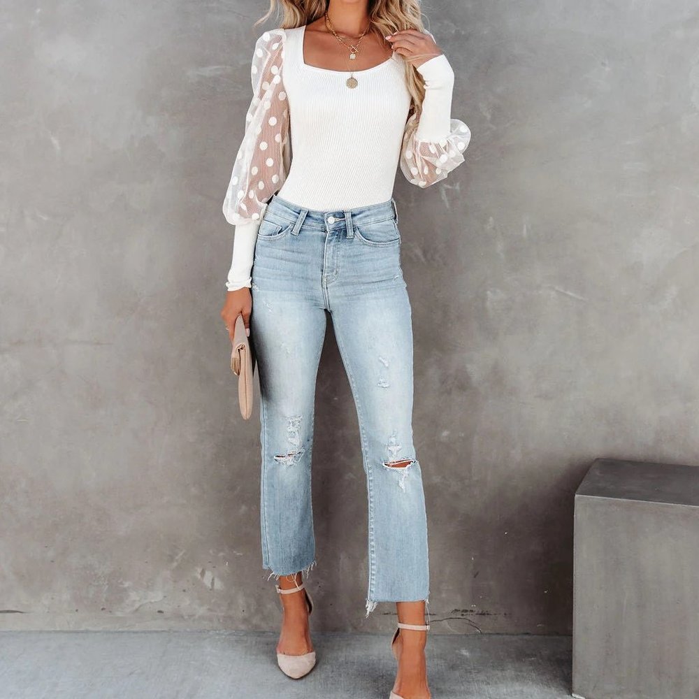 Contrast Polka Dot Sleeve Knit Top - Ivory